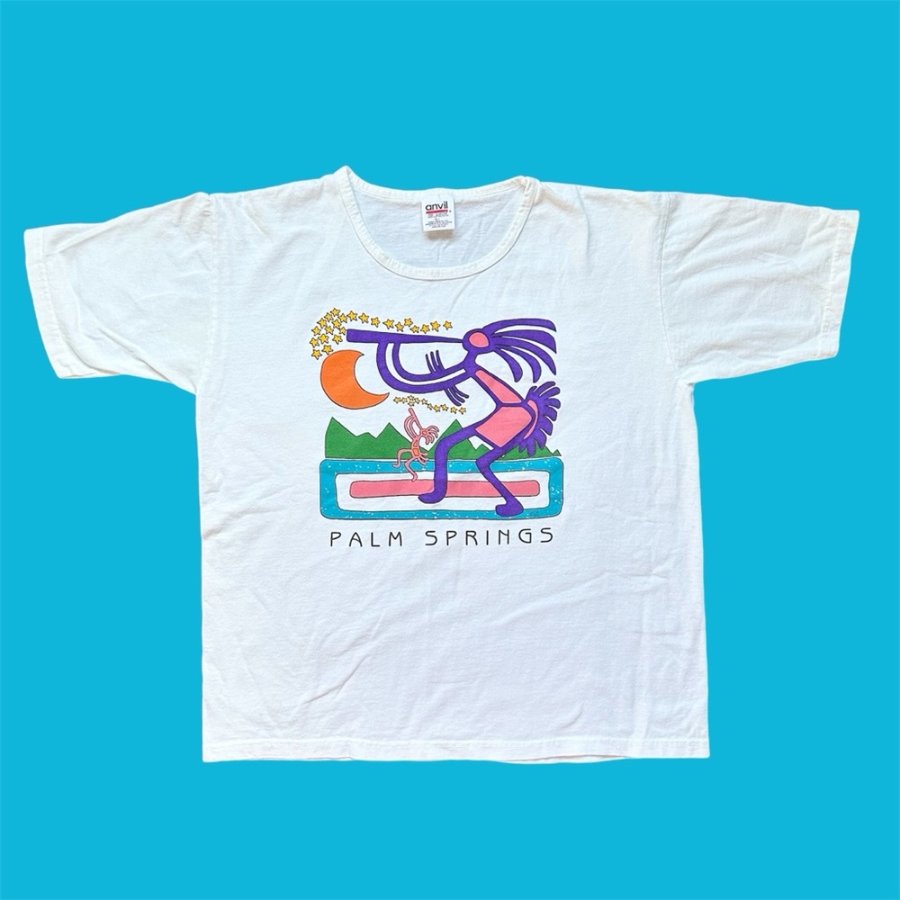 Vintage 90s Anvil Palm Springs Kokopelli Graphic Tee Short Sleeve White Large